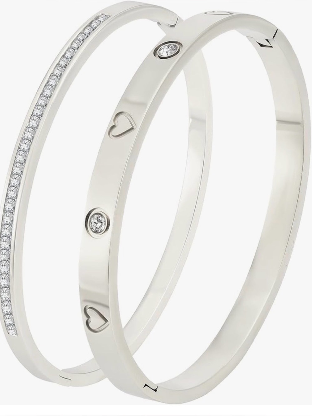 Silver Love & CZ Bangle Bracelet Set 2 Pc-NIB